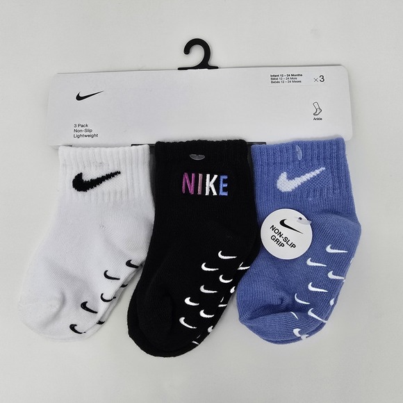 Nike‎ Baby 3 Pair Non Slip Lightweight Ankle Socks~Blue, Black & White 12 - 24 M - Picture 1 of 6